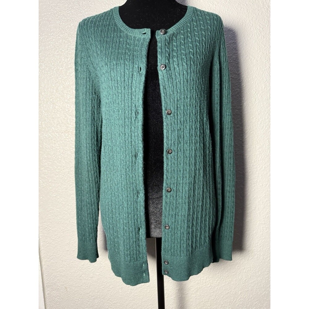 L.L.Bean Womens Green Cable Knit Button Front Crew Neck Cardigan Sweater L Reg